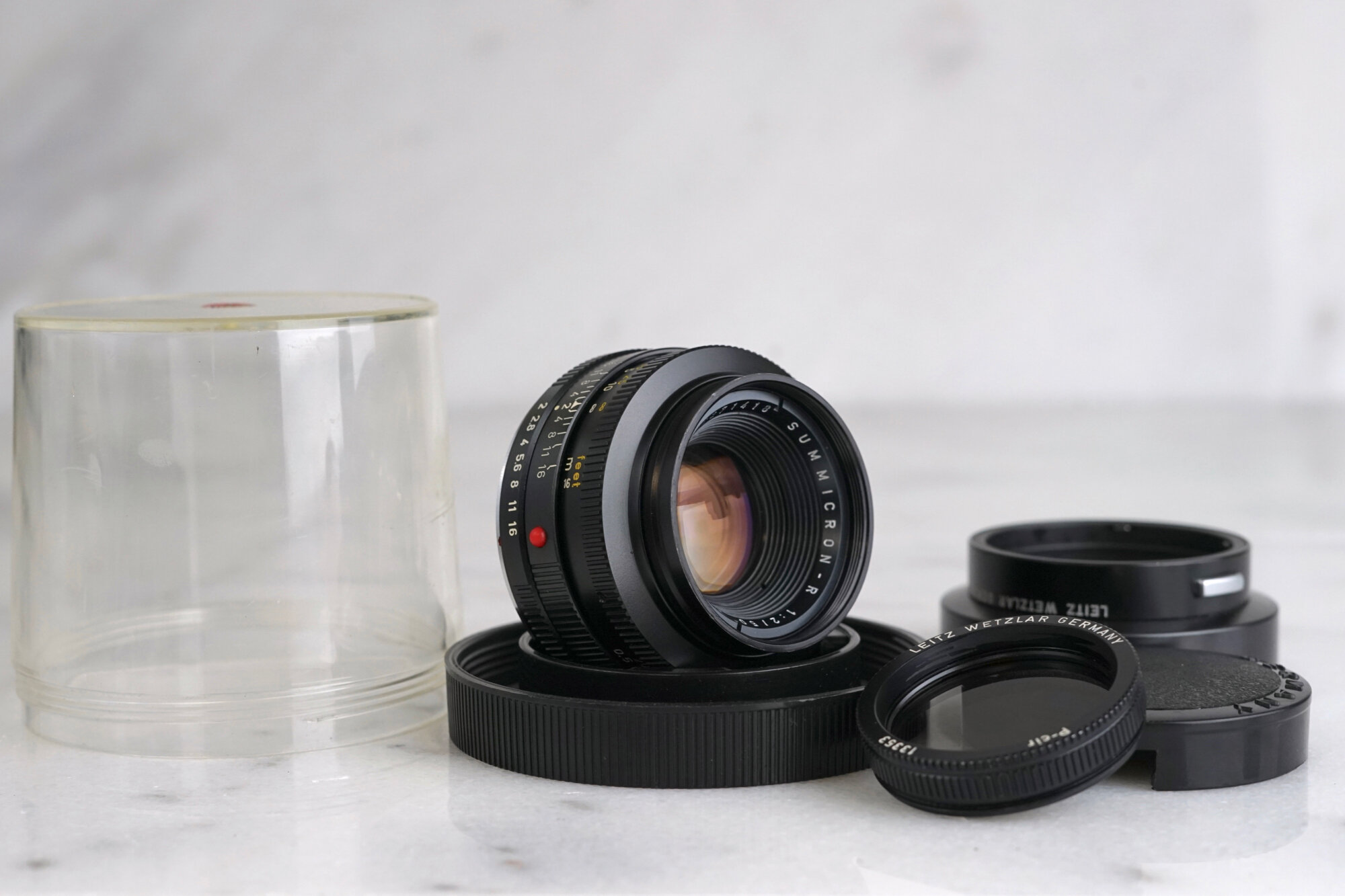 Leica Leitz Wetzlar Summicron R 50mm F/2 Three Cam Fast Prime Lens with  Original Lens Hood, Lens Caps, Polarizing Filter, and Case — F Stop Cameras